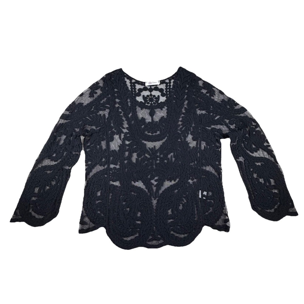 Simply Couture Top L Black Sheer Bell‎ Sleeve Crochet Mesh Lace Whimsigoth Fairy